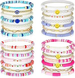 Yaomiao 28 Pcs 4 Set Preppy Jewelry Bracelets for Women Heishi Surfer Friendship Bracelets Set Colorful Smile Beaded Stretch Bracelets Clay Stackable Boho Party Gifts Y2k Aesthetic for Summer Beach
