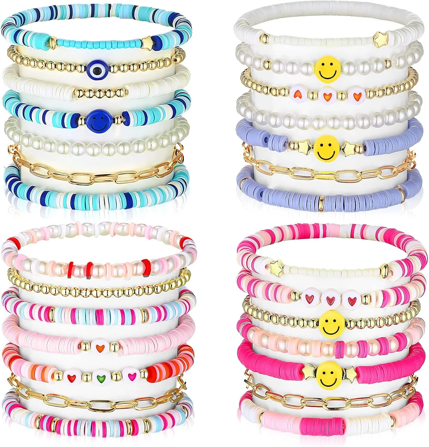 Yaomiao 28 Pcs 4 Set Preppy Jewelry Bracelets for Women Heishi Surfer Friendship Bracelets Set Colorful Smile Beaded Stretch Bracelets Clay Stackable Boho Party Gifts Y2k Aesthetic for Summer Beach